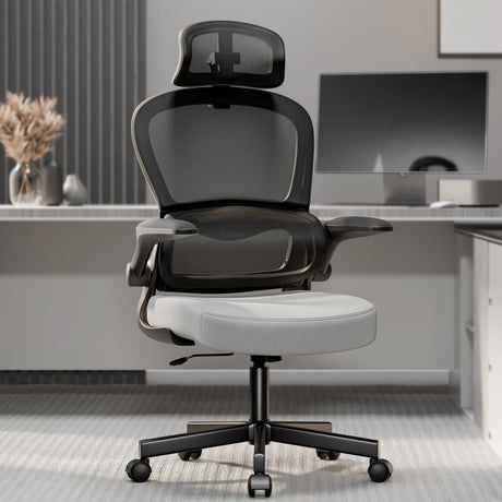 Front view of a grey and black office chair with back support, perfect for long hours.