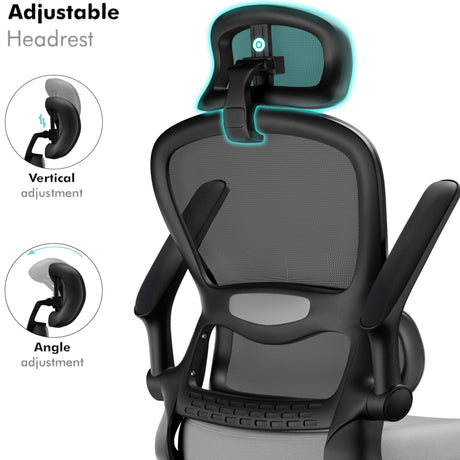 Black office chair with adjustable headrest on a white background