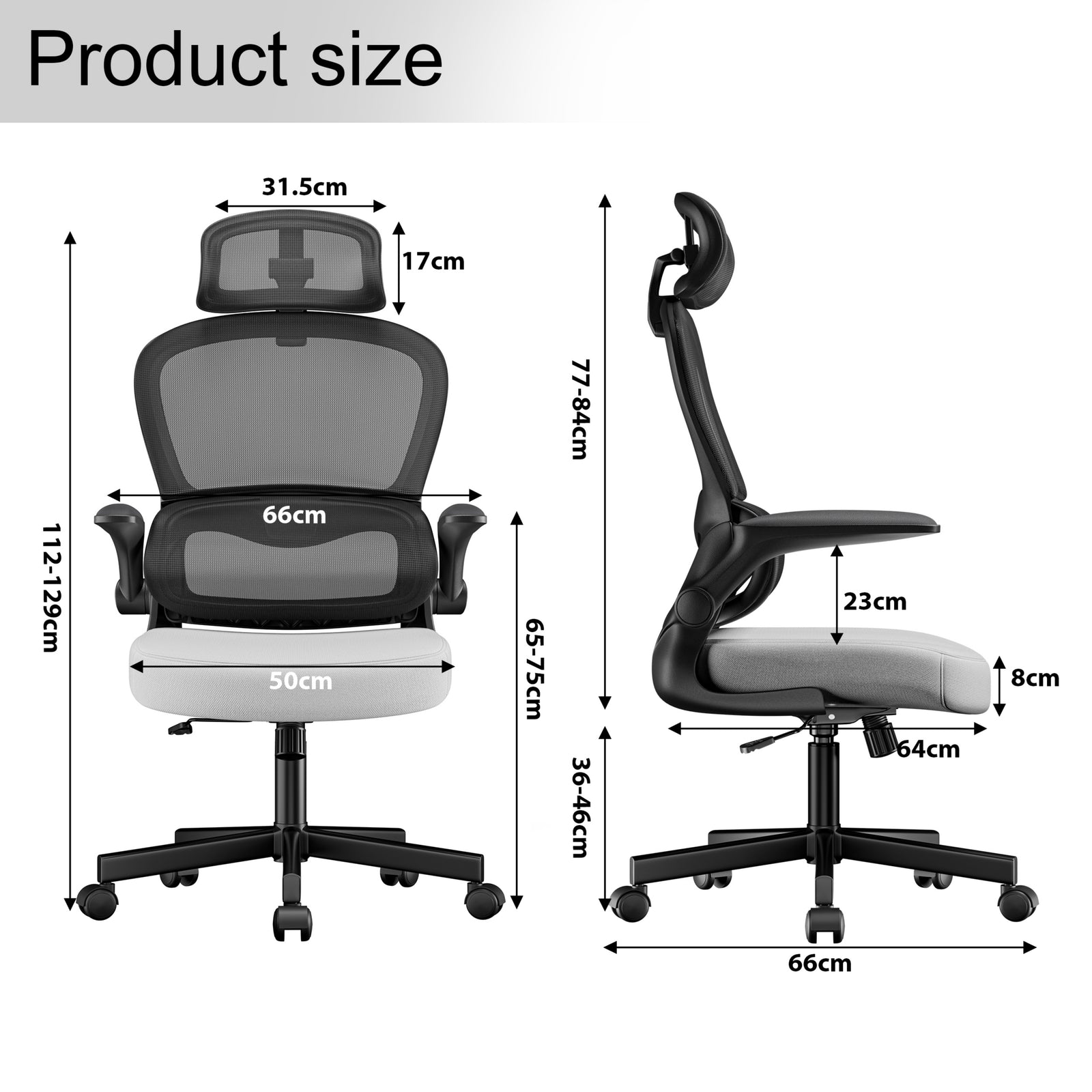 [Grey + Black] high back office chair dimensions: 50cm seat width, 64cm depth, and adjustable height 112-129cm.