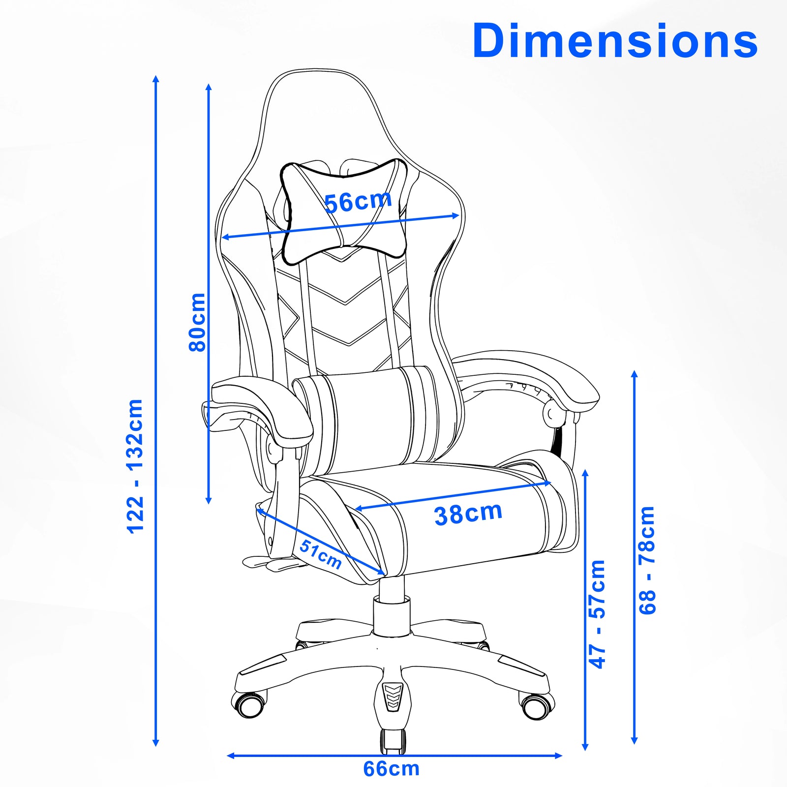 [Black + Grey] Diagram of an office chair with labeled dimensions on a white background