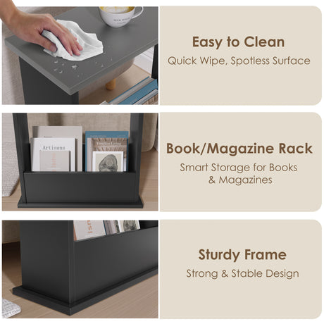Product display with a book/magazine rack, showing ease of cleaning and storage features.
