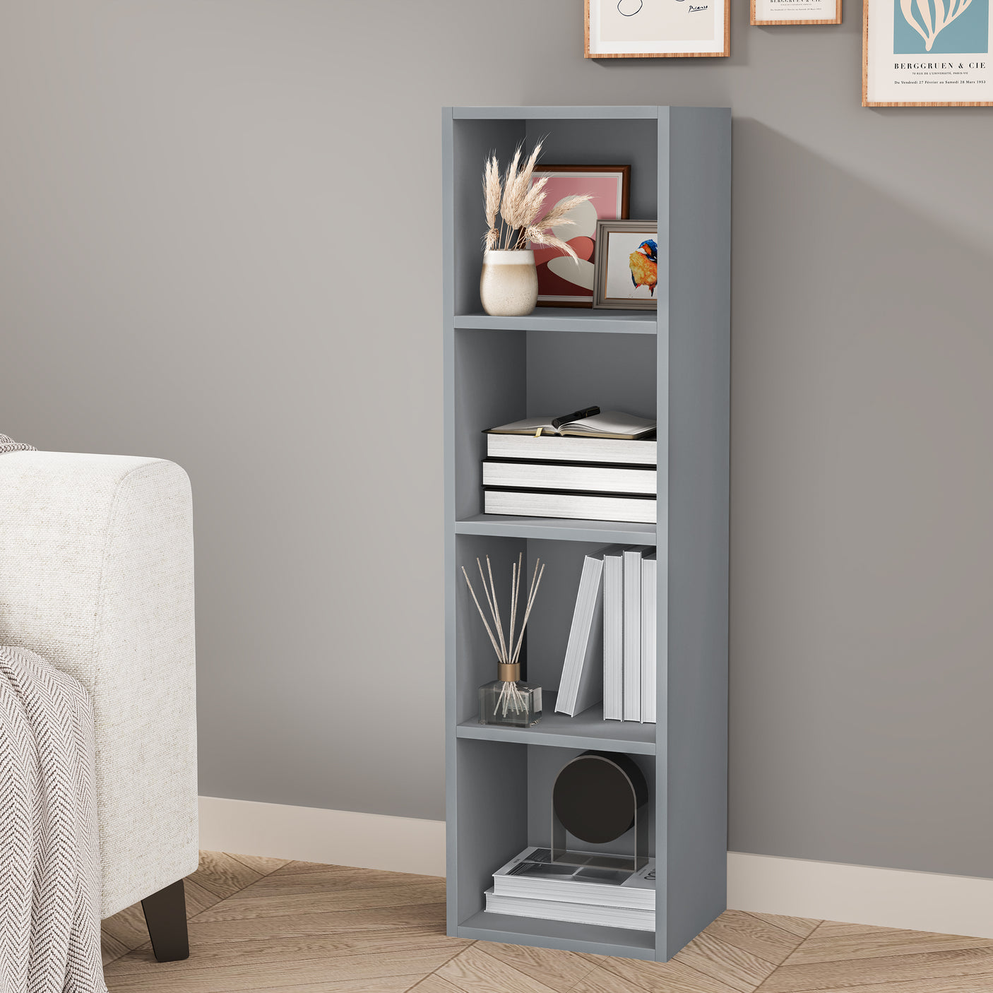 Grey 4 Tier Bookcase Cube Storage Unit Book Shelf in a living room. Narrow shelving unit for stylish and compact storage.
