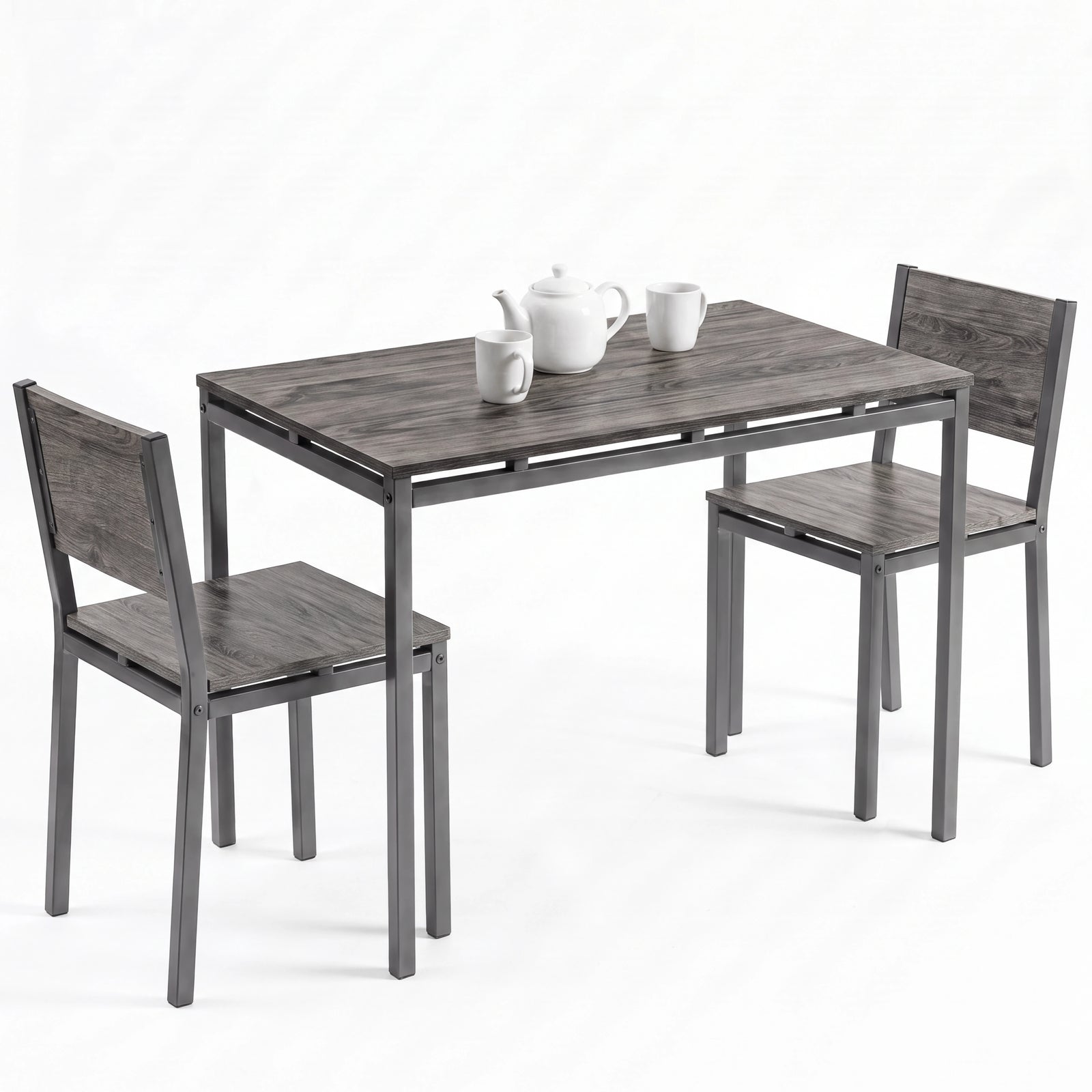 [Grey] Breakfast table set of 2 with grey wood-effect top, two chairs, teapot and mugs on a white background.
