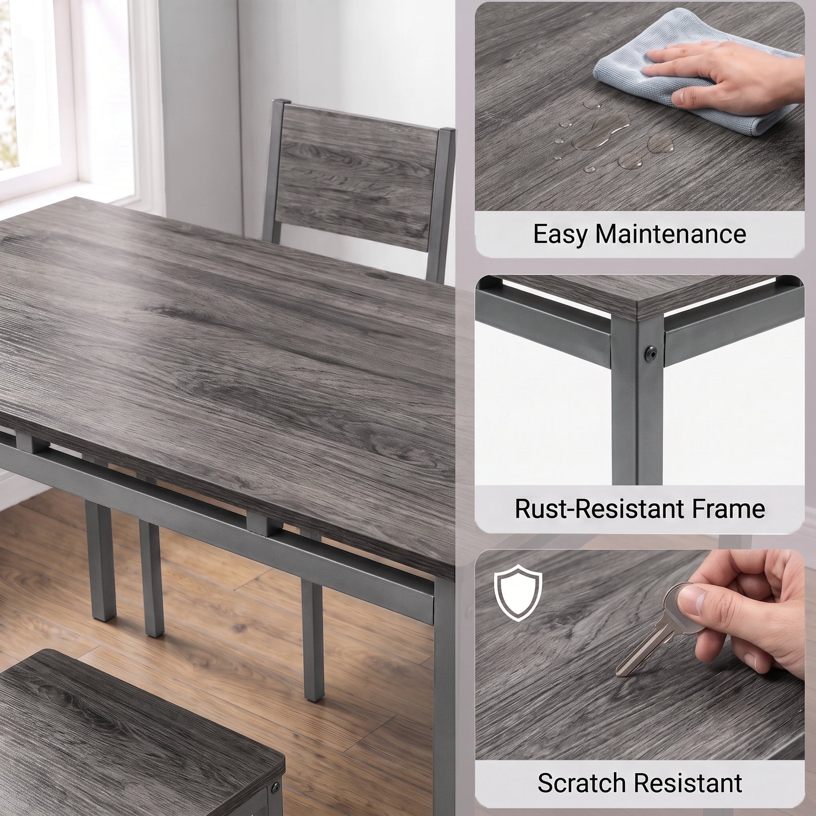 [Grey] Breakfast table guide showing an easy-clean tabletop, rust-resistant frame and scratch-resistant wood-effect surface.