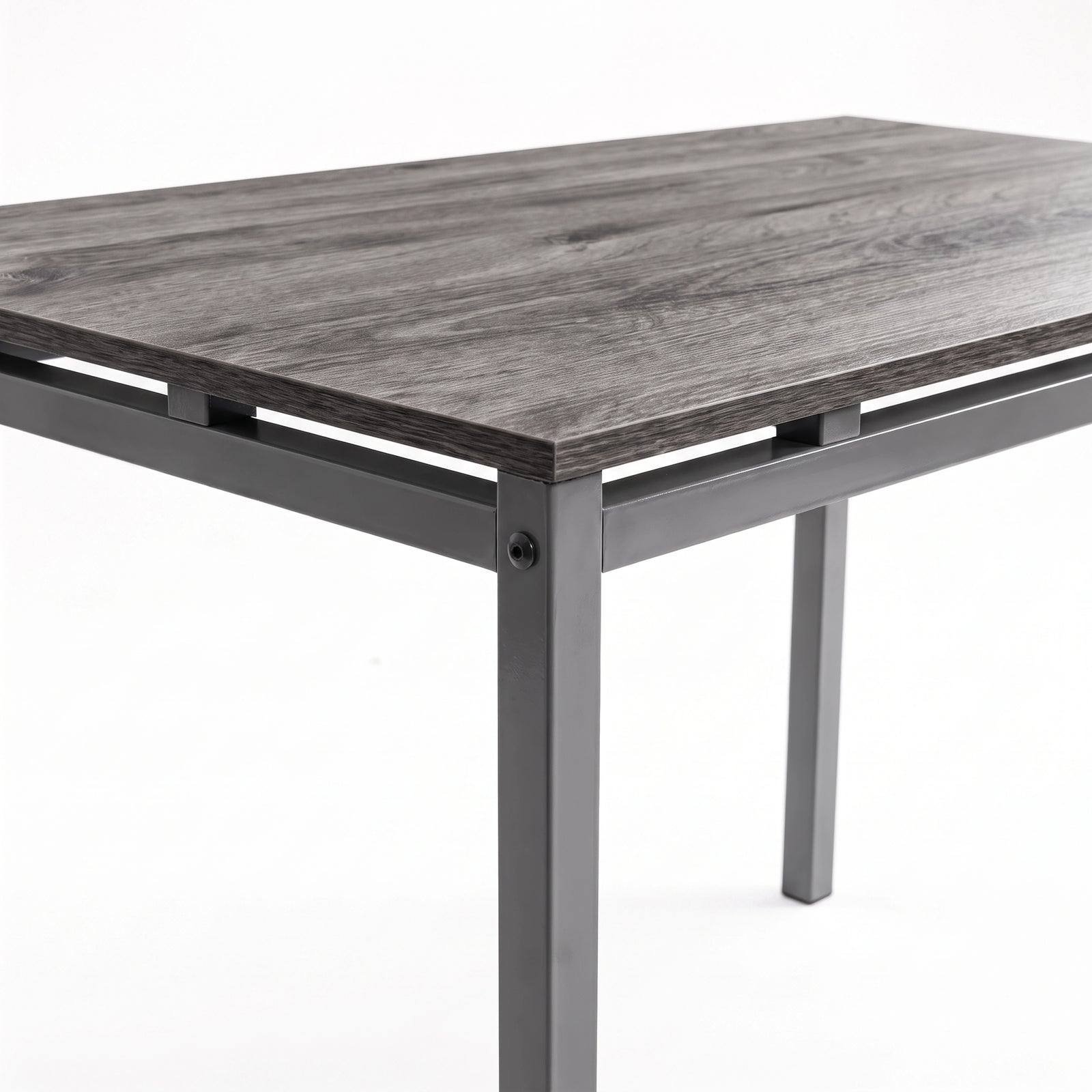 [Grey] Close-up of grey wood-effect breakfast tabletop, spray-painted metal frame, raised supports, square legs & corner bolt