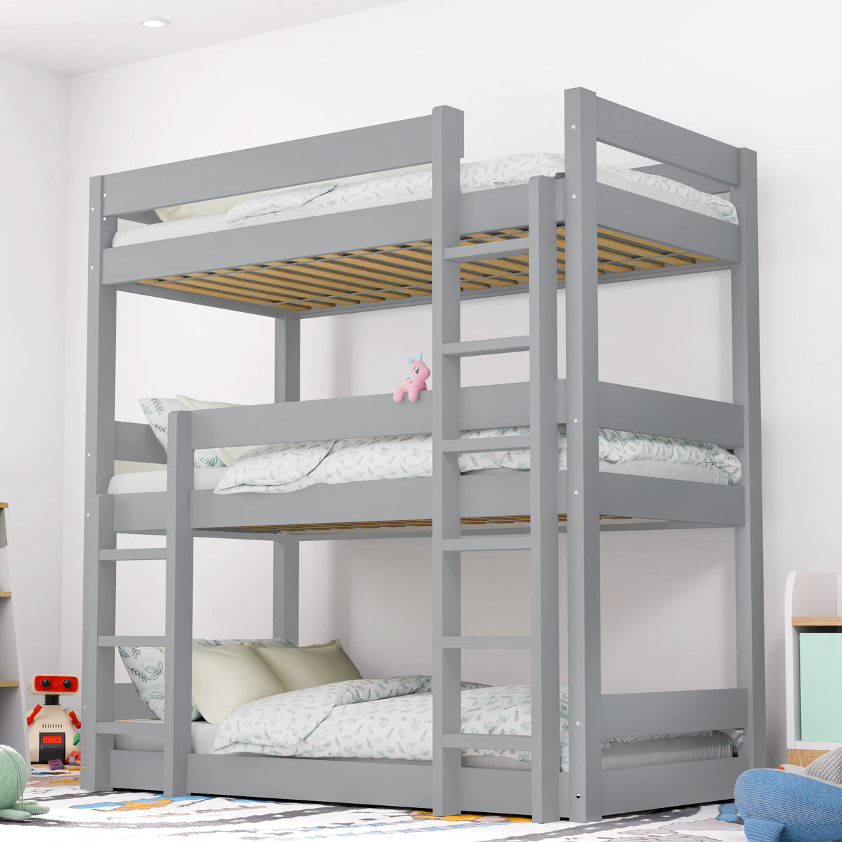 Single Triple Bunk Bed in grey wood finish with high sleeper design, ideal for kids. Space-saving wooden bed frame with built-in ladder.