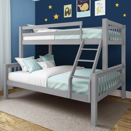 Grey wooden bunk bed with ladder, striped bedding, and colorful star wall decor in kids room.