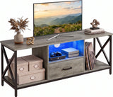 [Grey] Industrial Grey TV Unit With Storage & LED product shot showing open shelves, central blue LED-lit cubby with gaming console, drawer and black X-frame legs