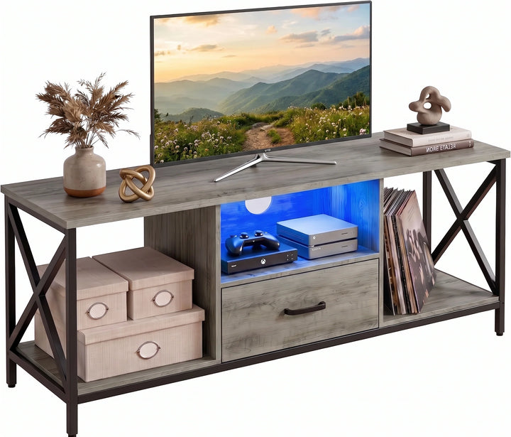 [Grey] Industrial Grey TV Unit With Storage & LED product shot showing open shelves, central blue LED-lit cubby with gaming console, drawer and black X-frame legs