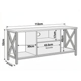 [Grey] Calvera grey TV unit dimensions diagram: 112cm wide, 41cm deep, 52cm tall with X-frame metal side supports