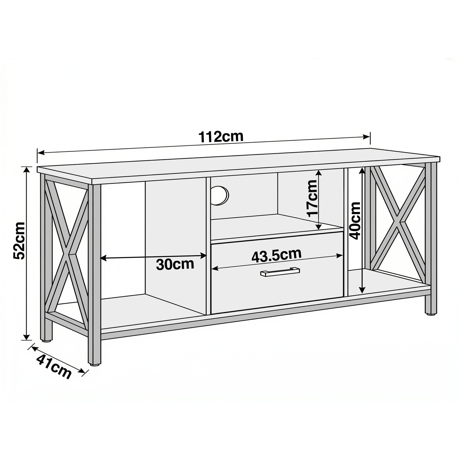 [Grey] Calvera grey TV unit dimensions diagram: 112cm wide, 41cm deep, 52cm tall with X-frame metal side supports