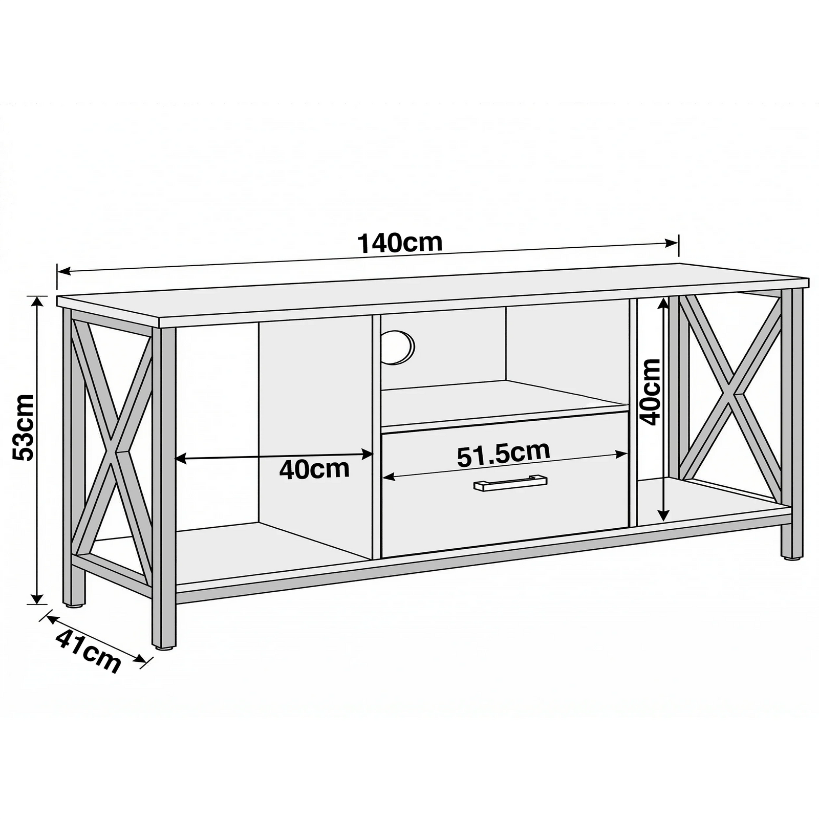 [Grey Oak] Calvera TV unit dimensions diagram, 140cm wide by 41cm deep by 53cm tall with X-frame side panels labelled