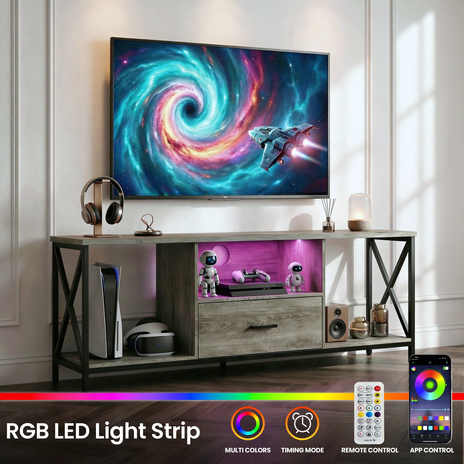 [Grey Oak] Calvera TV unit feature shot, phone app and remote control icons shown below for the LED strip control
