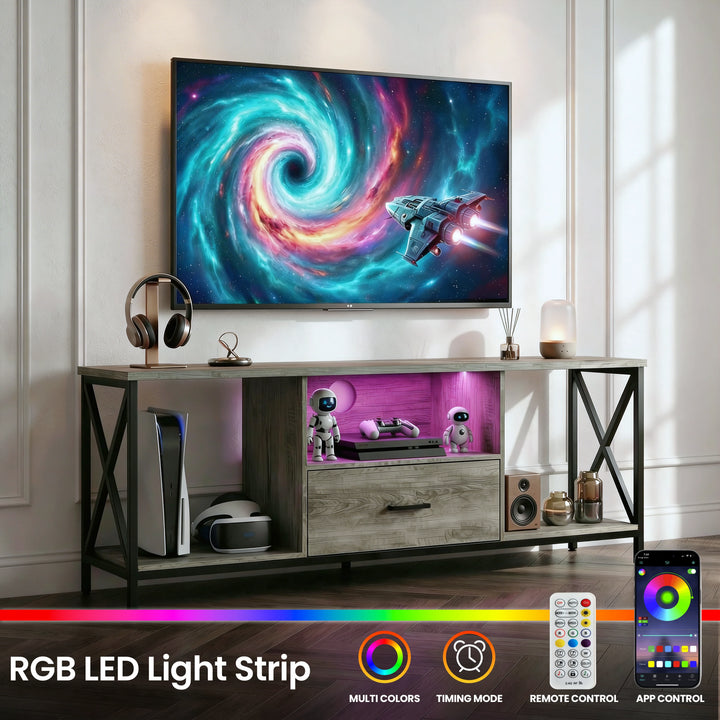 [Grey Oak] Calvera TV unit feature shot, phone app and remote control icons shown below for the LED strip control