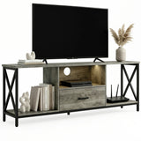 [Grey Oak] Calvera TV unit hero shot, white squiggle figurine and stack of books on left, pampas in vase on right end