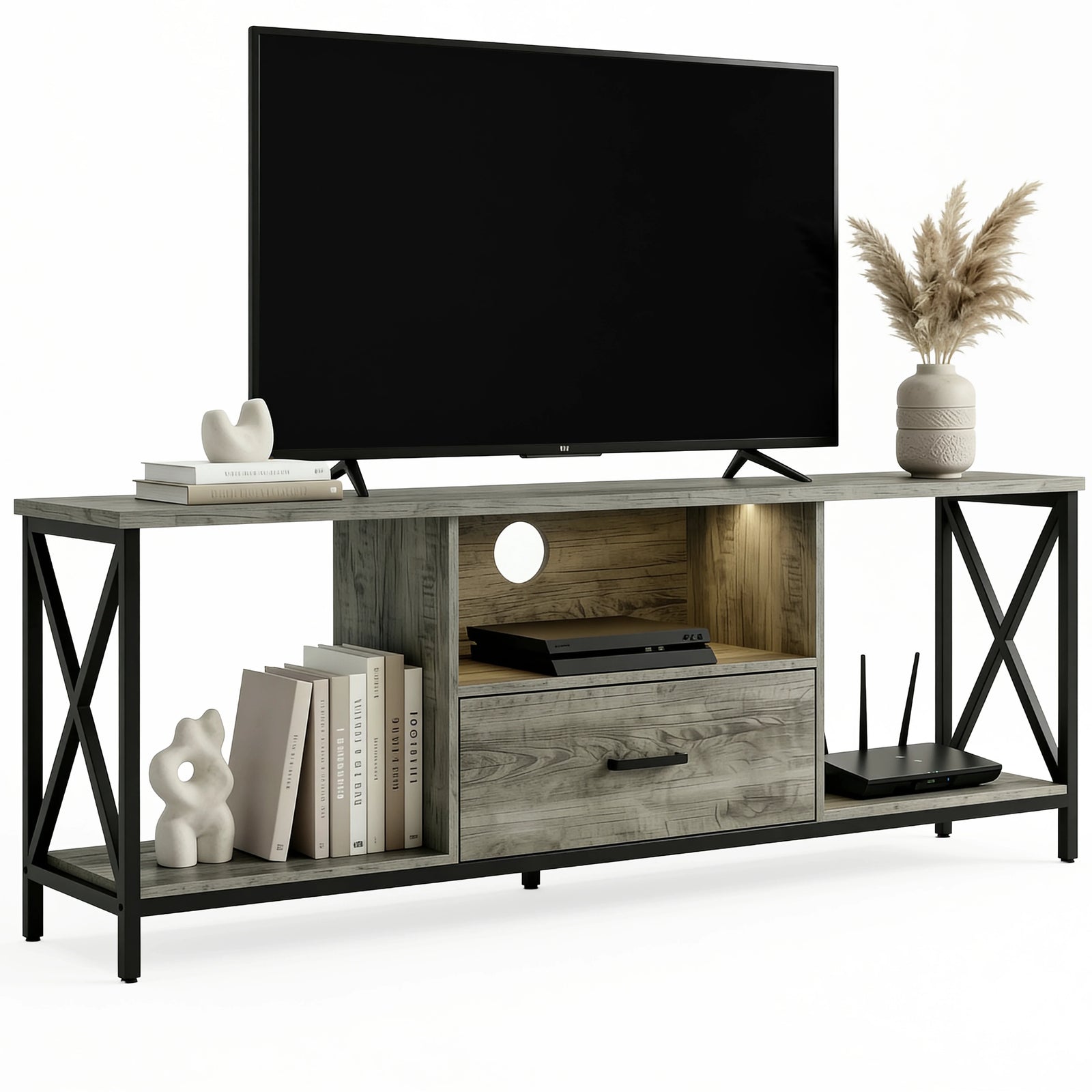 [Grey Oak] Calvera TV unit hero shot, white squiggle figurine and stack of books on left, pampas in vase on right end