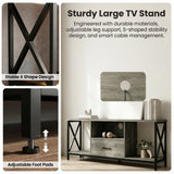 [Grey Oak] Calvera TV unit graphic with Sturdy Large TV Stand heading, X-frame and adjustable foot pad detail shots