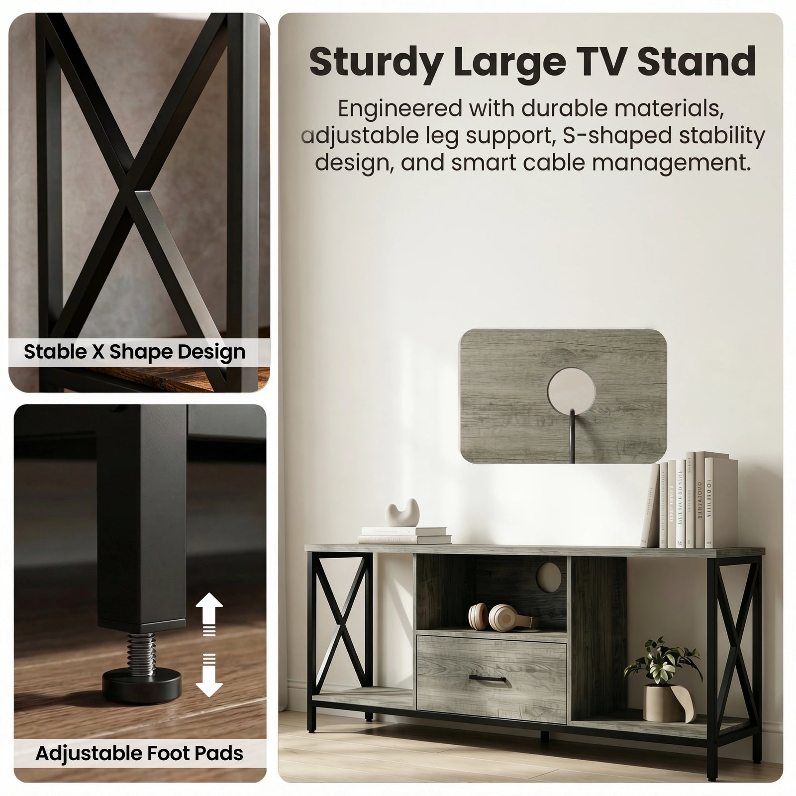 [Grey Oak] Calvera TV unit graphic with Sturdy Large TV Stand heading, X-frame and adjustable foot pad detail shots