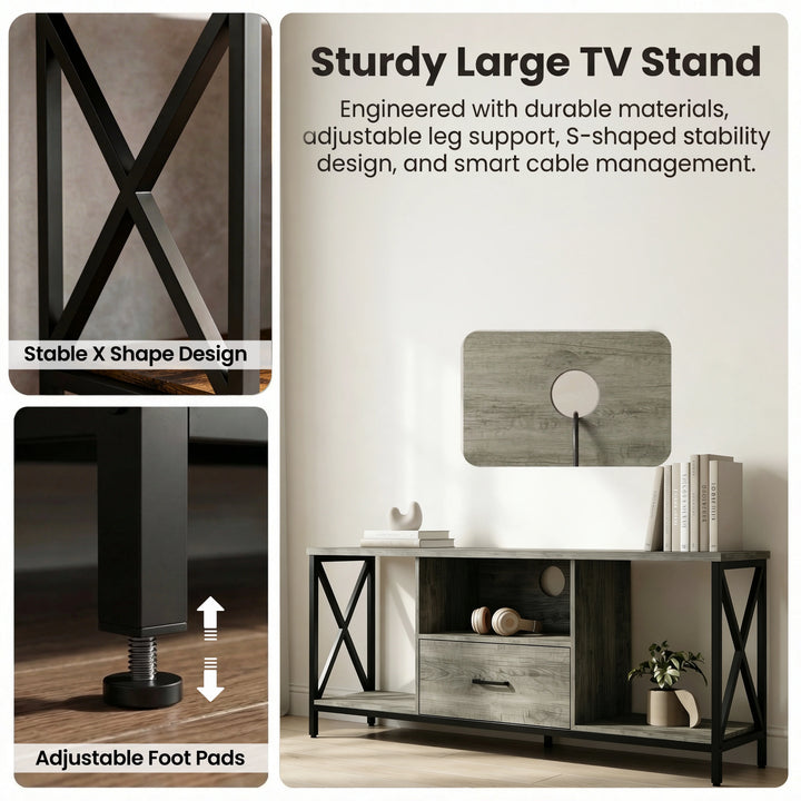 [Grey Oak] Calvera TV unit graphic with Sturdy Large TV Stand heading, X-frame and adjustable foot pad detail shots