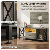 [Grey] Calvera grey TV unit annotated with stable X-shape design and adjustable foot pads beside main view