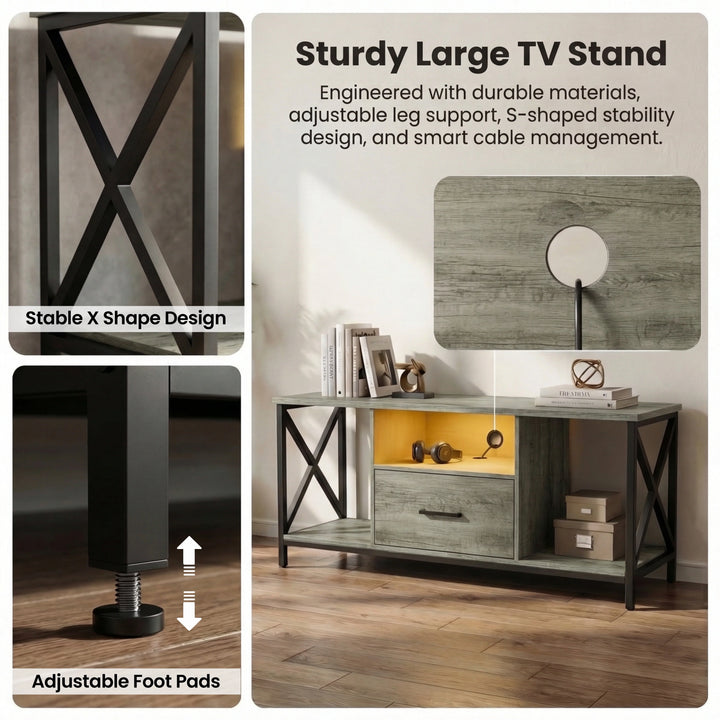 [Grey] Calvera grey TV unit annotated with stable X-shape design and adjustable foot pads beside main view