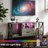 [Grey] Calvera grey TV unit styled with RGB LED light strip, controller and phone app shown for colour control