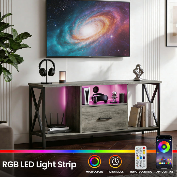 [Grey] Calvera grey TV unit styled with RGB LED light strip, controller and phone app shown for colour control