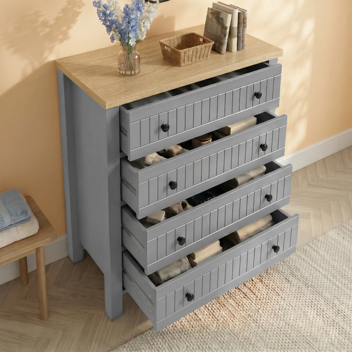 [Grey] Linra Grey Painted 3 Piece Bedroom Set - Oak Top showing all four drawers pulled extended open.