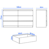Dimensions of a kitchen cabinet with shelves and drawers on a white background