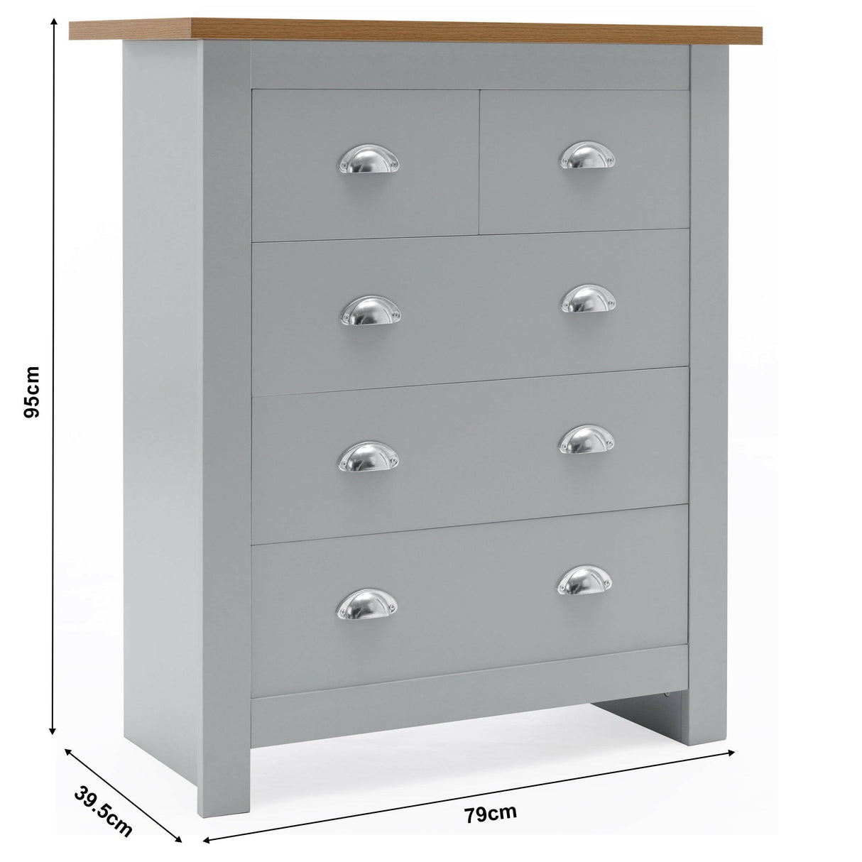 Grey chest of drawers with five spacious drawers and a wooden top for stylish storage.