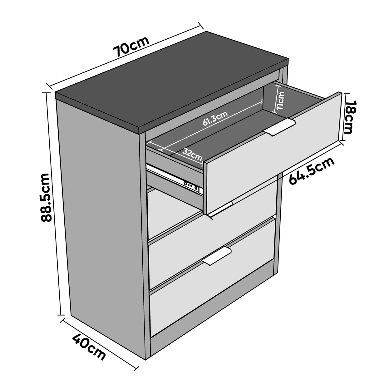 Grey chest of drawers size diagram, showing 88.5 cm height, 70 cm width, and 40 cm depth, with labelled drawer sizes