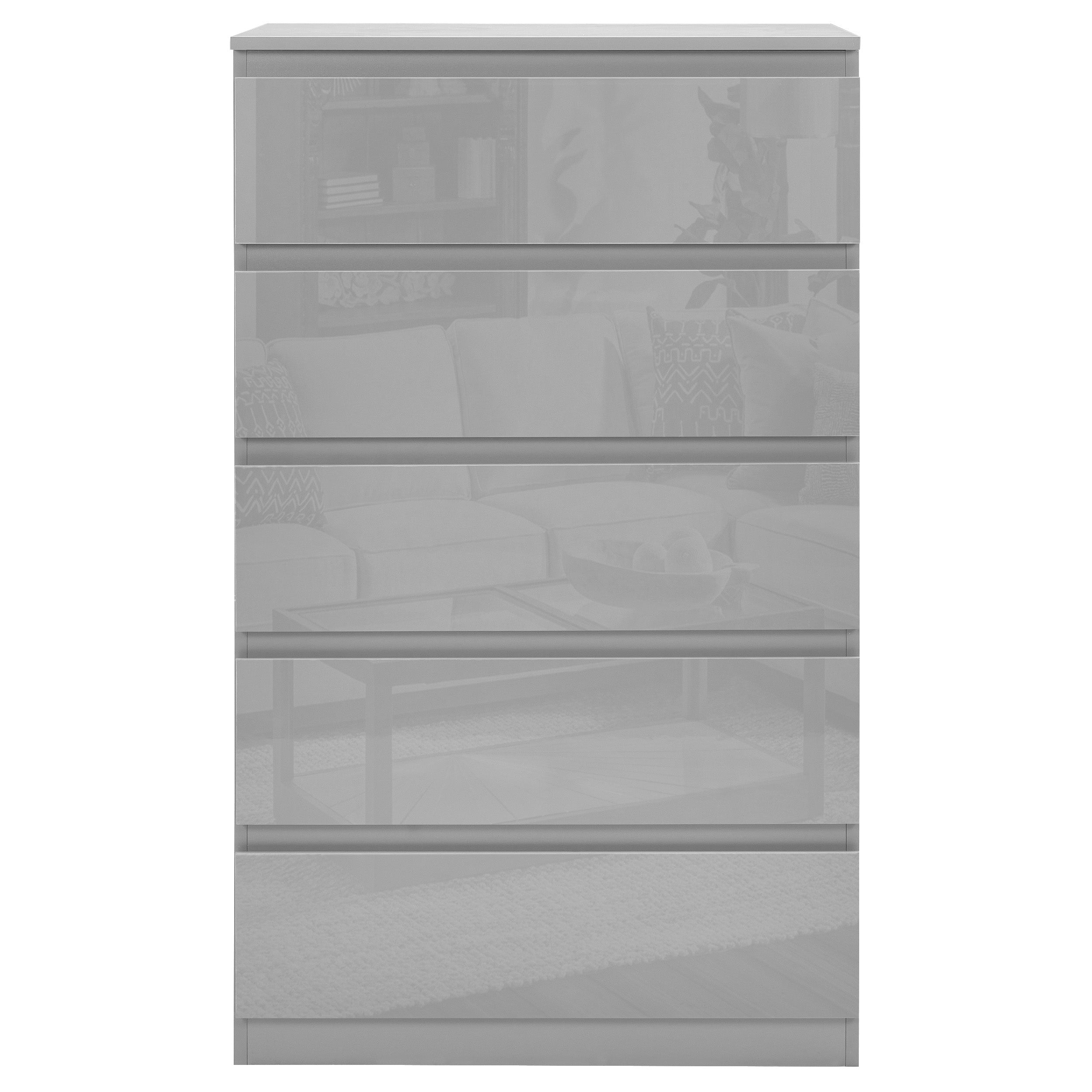 Grey chest of drawers tall design, offering spacious vertical storage with a modern and sleek look.