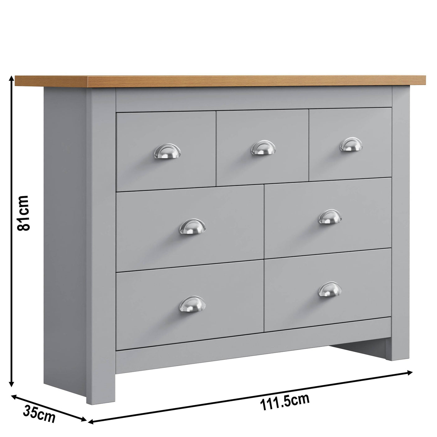 Grey chest of drawers UK with dimensions 81cm x 35cm x 111.5cm