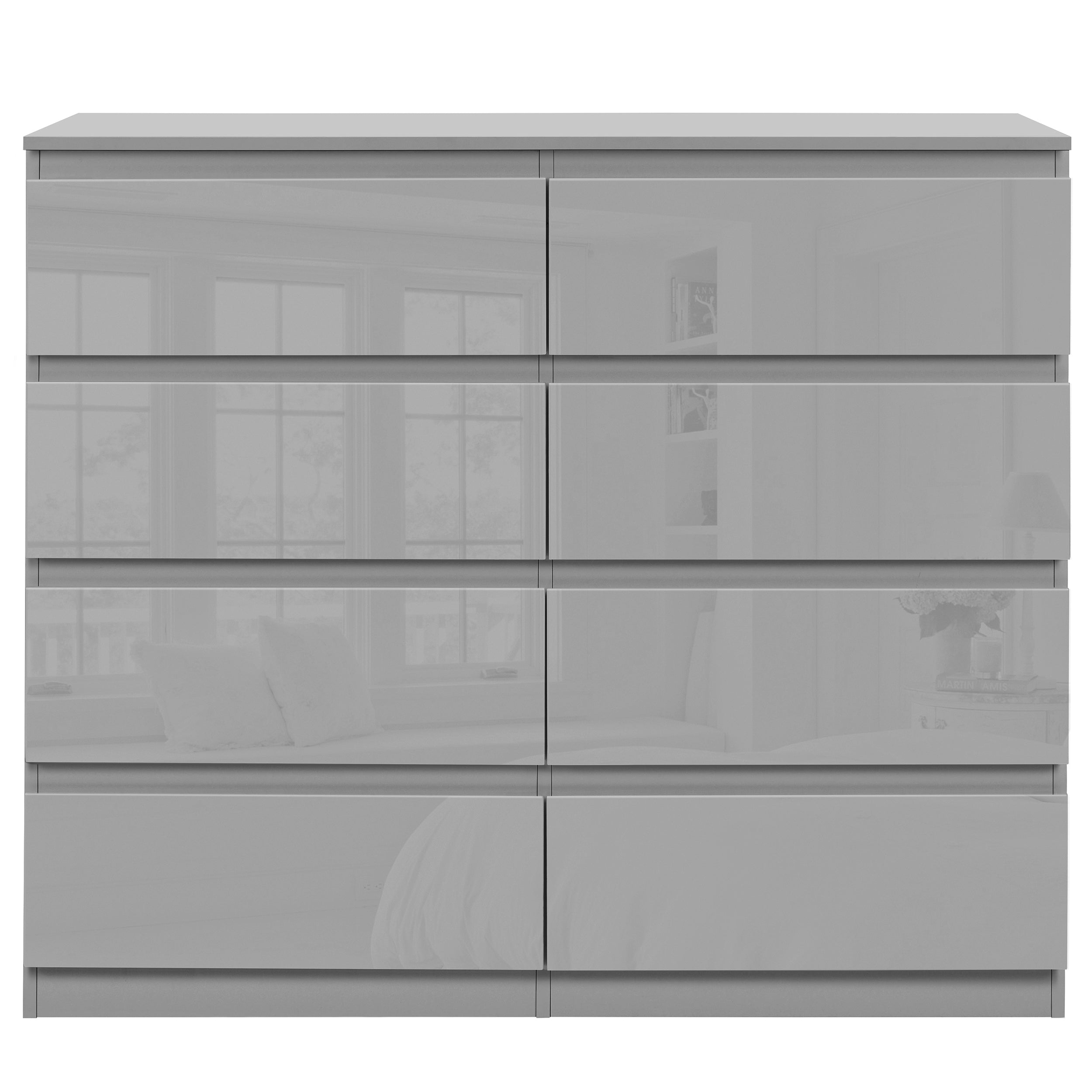 Grey chest of drawers wide design, ideal for spacious and organized bedroom storage.