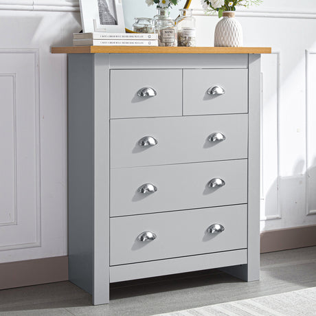 Grey chest of drawers with oak top and five spacious drawers, silver handles, and modern design