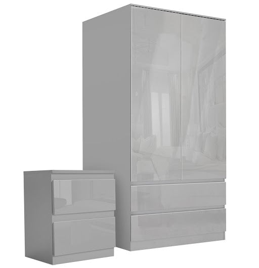 Grey chest of drawers and bedside table set for a sleek, modern bedroom design.