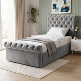 [Single | Grey] Chesterfield Single Ottoman Storage Bed Frame Grey Velvet styled in a modern bedroom setting.