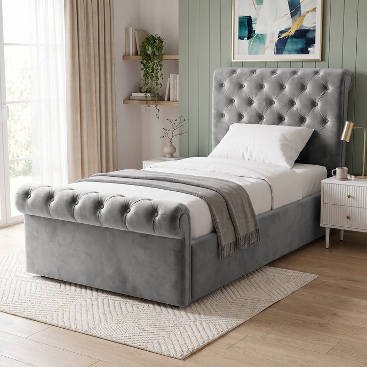 [Single | Grey] Chesterfield Single Ottoman Storage Bed Frame Grey Velvet styled in a modern bedroom setting.
