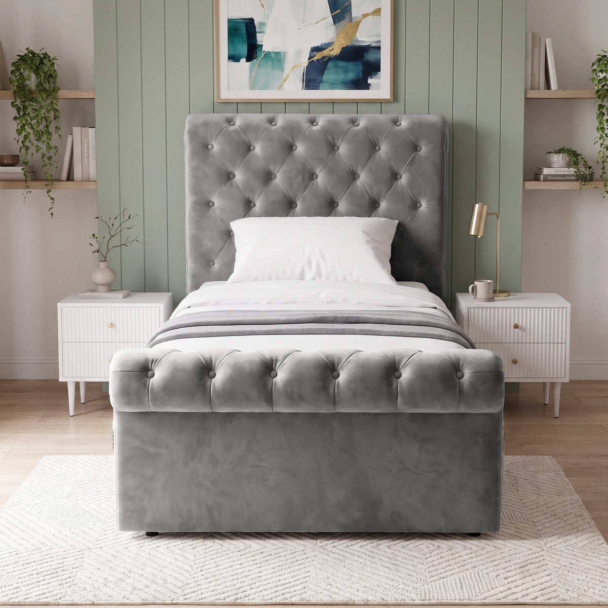 [Single | Grey] Front view of the Chesterfield Single Ottoman Storage Bed Frame Grey Velvet showing the button-tufted footboard.