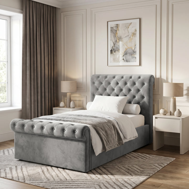 [Small Double | Grey] Chesterfield Small Double Ottoman Storage Bed Grey Velvet styled in an elegant bedroom setting.