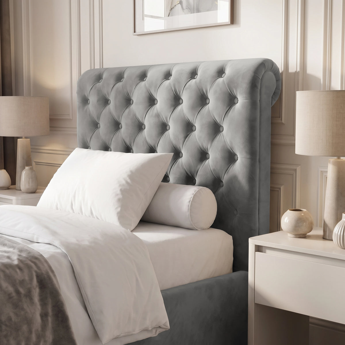 [Small Double | Grey] Close-up view of the deep button-tufted high headboard on the Chesterfield Small Double Ottoman Storage Bed.
