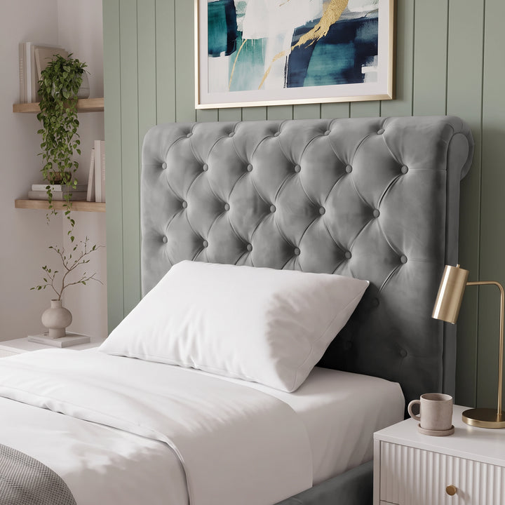 [Single | Grey] Close-up view of the deep button-tufted high headboard on the Chesterfield Single Ottoman Storage Bed Frame.