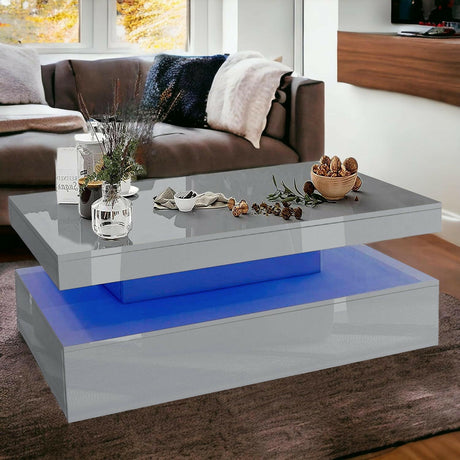 grey coffee table with LED lights, sleek design, and glossy finish, perfect for living rooms.