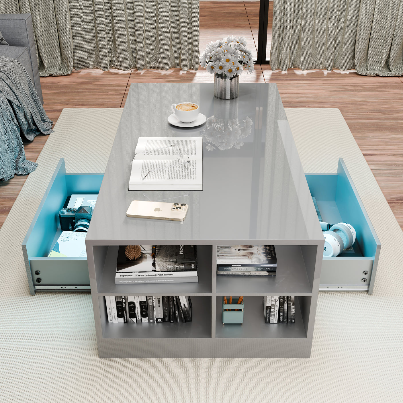 High Gloss Coffee Table With Storage & LED Lights
