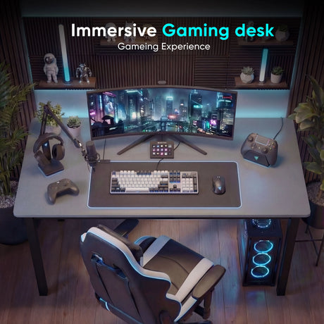 [120 X 50 cm] Computer Desk styled as immersive gaming setup with curved monitor, mechanical keyboard, headphones, microphone, gaming chair, and ambient lighting
