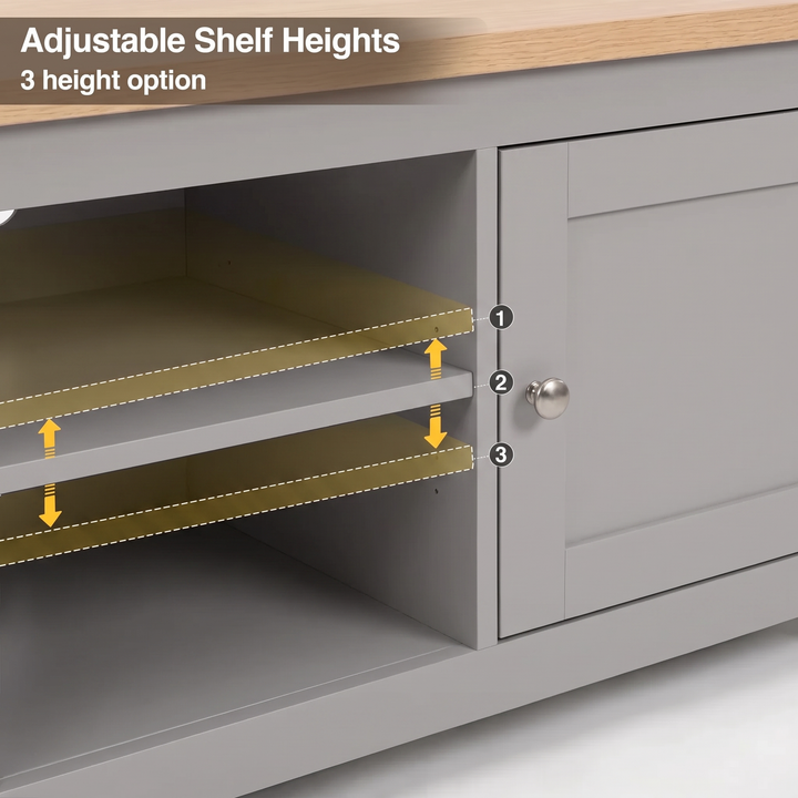 [Grey] Tavero corner TV unit adjustable shelf heights infographic showing 3 height options