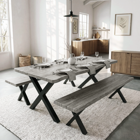 [Wooden Grey] Crosswick Dining Table with Bench X-Leg lifestyle angled view in styled dining room setting