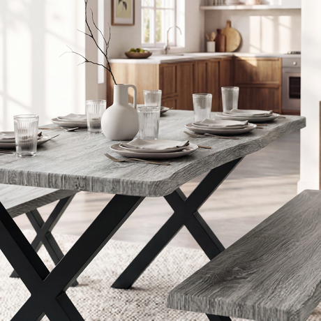 [Wooden Grey] Crosswick Dining Table with Bench X-Leg styled with crockery in a modern dining room setting