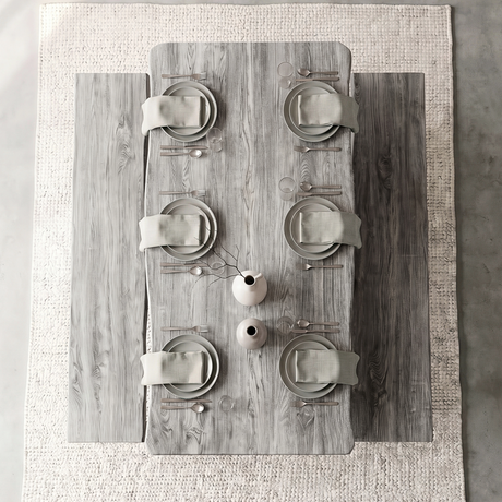 [Wooden Grey] Crosswick Dining Table with Bench X-Leg overhead top-down view showing surface and place settings