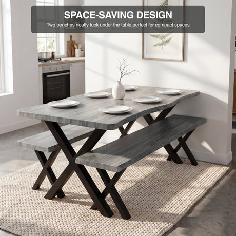 [Wooden Grey] Crosswick Dining Table with Bench X-Leg space-saving design shown in kitchen dining setting
